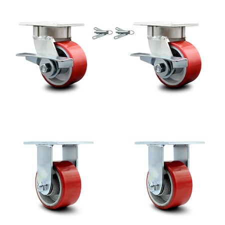 Service Caster 4 Inch Kingpinless Red Poly on Steel Caster Brake & Swivel Lock 2 Rigid, 2PK SCC-KP30S420-PUR-RS-SLB-BSL-2-R-2